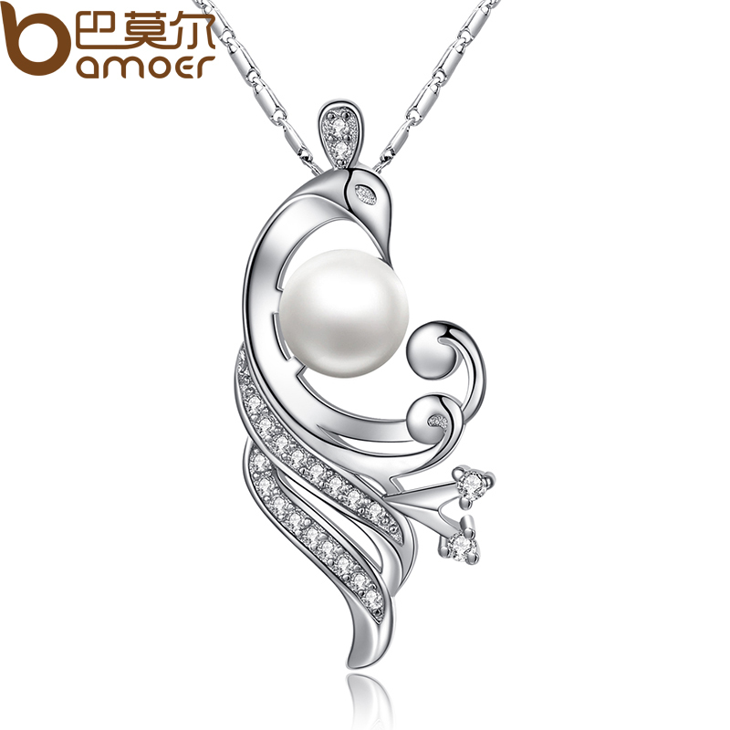 BAMOER Luxury 18K White Gold Plated Pearl Necklaces & Pendants with Paved 21 piece Micro AAA Cubic Zircon Women Jewelry YIN028