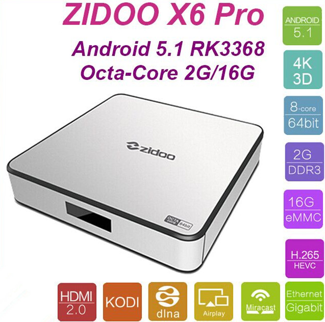 Genuine Zidoo X6 Pro HD 4K*2K H.265 Smart Android TV Box RK3368 Bluetooth XBMC (KODI) 2G/16G 3D Octa Core 1000M LAN Dual WIFI