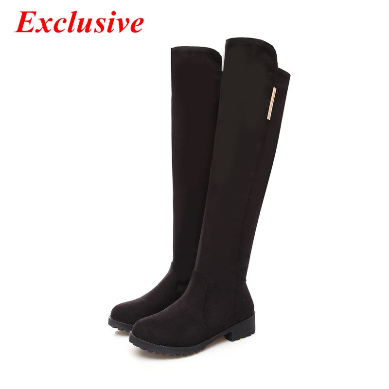 Woman Low-heeled Long Boots 2015 Latest Fashion Nubuck Leather Knee Boots Slip-On Winter Short Plush Black Low-heeled Long Boots