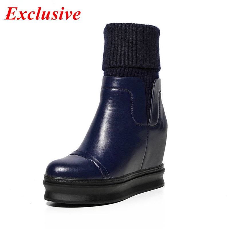 2015 Spell color Slope With Winter boots pumps Duantong Black Leather Waterproof platform Side zipper Comfortable Winter boots