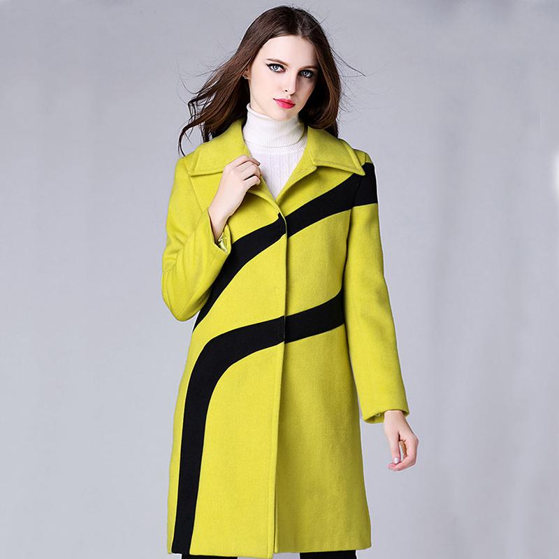 Desigual Coats Runway 2015 Fall Europe Fashion New Turn-Down Collar Vintage Hit Color Slim Classic Wool Coat