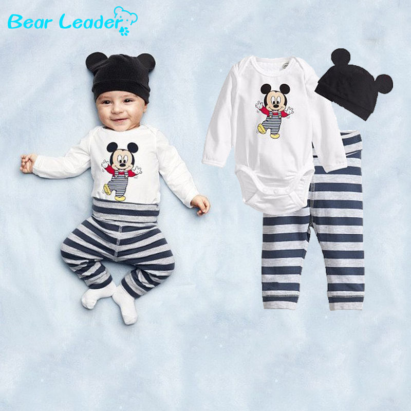 New 2014 cotton children Mickey Minnie baby boys girls clothes 3 pcs(Long-sleeved Romper+hat+pants)children clothing set