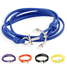 New Charm Men Jewelry Stretch Anchor Bracelet Male Two Laps Hooks Blue Black PU Leather Bracelet Hand Cuff Accessories