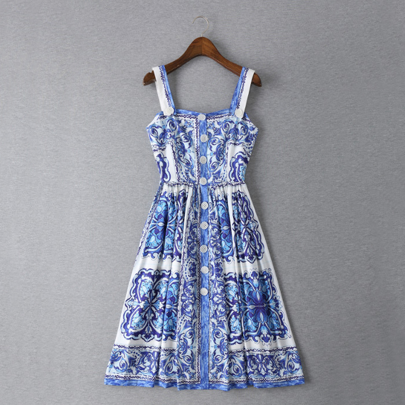 Summer Dress 2016 Fashion Runway Brand New Women's Spaghetti Strap Blue White Porcelain Flowers Printed Mini Dress