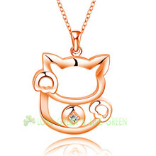 Fine jewelry Wholesale Real Pure 925 sterling silver jewelry Cute fortune cat crystal necklaces pendants For