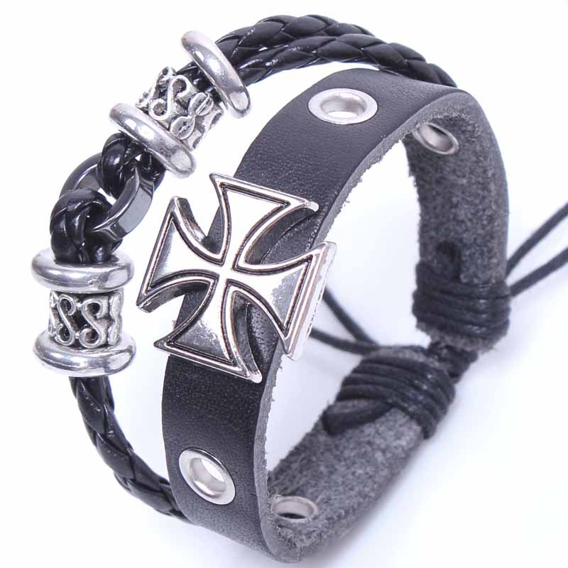 Bangle  with Leather charm cross men.jpg Charm bracelet Bracelet Cross Adjustable Wristband