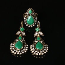 Bohemian Fashion Ruby Jewelry Set Green Black Austrian Crystal Ring And Earrings 2pc Wedding Accessories Vintage Turkey Jewelry
