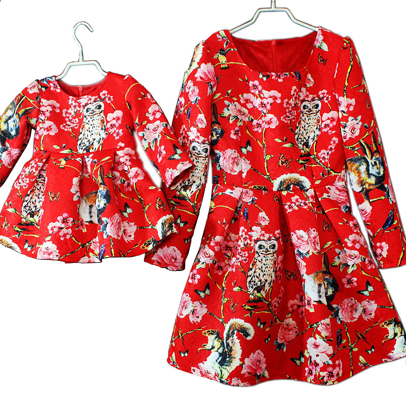2016 Autumn font b Matching b font Mother and Daughter Long Sleeve Princess Dress Jacquard Weave