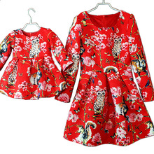 2016 Autumn Matching Mother and Daughter Long Sleeve Princess Dress Jacquard Weave Owl Dress Family Matching Clothing Outfit