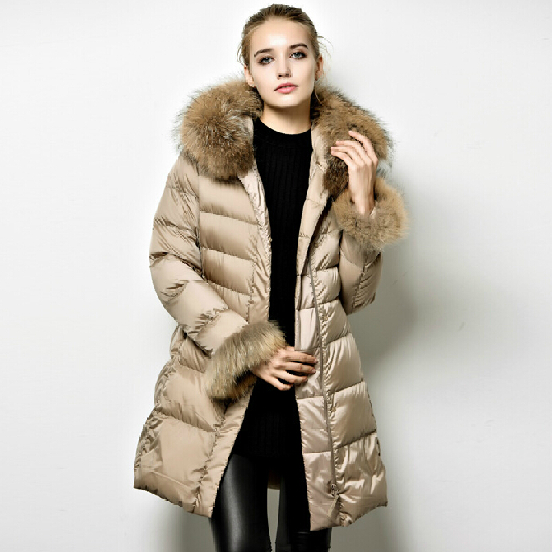 2015 Women Winter Jacket Large Fur collar Thicking Long Down Jacket Women Slim Down Coat Women Down Parkas 3 Color