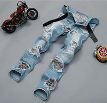 High Quality 2016 Designer Dance street Hip Hop Denim Ripped men’s straight beggar hole skinny jeans Light Blue Biker pants