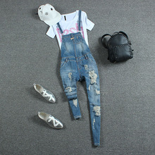 2016 spring and summer hole jeans bib pants female skinny pants loose preppy style jumpsuit ankle-length overalls
