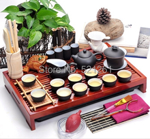 31pcs set Yixing Ceramic Kung Fu Tea Set Solid Wood Tea Tray Teapot purple clay Tea