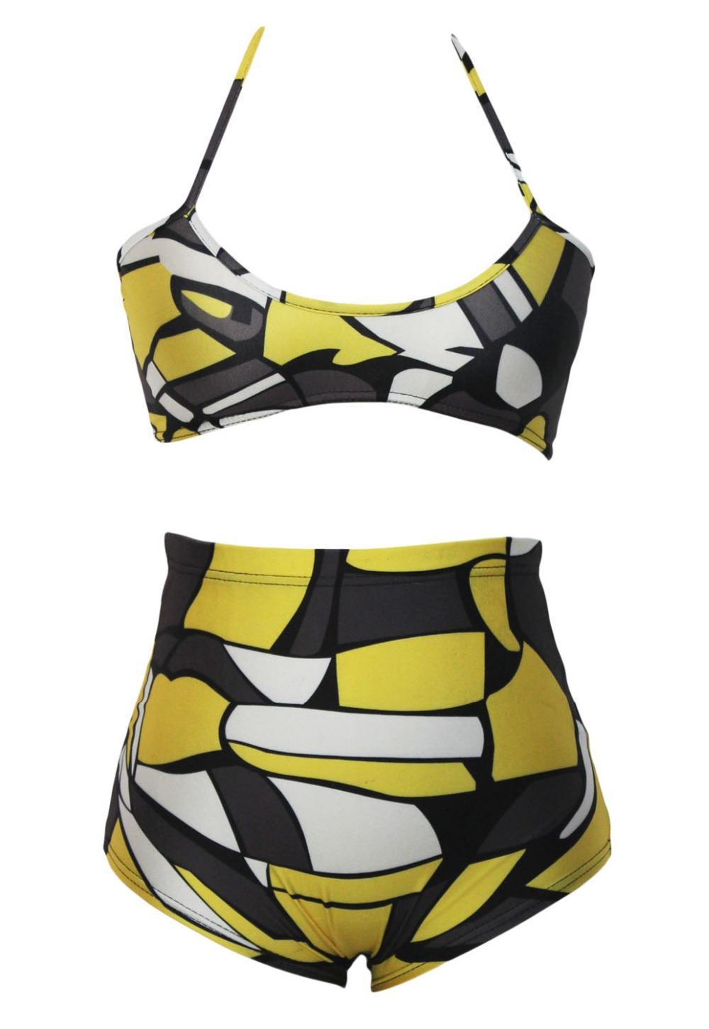 neoprene Style swimsuits Yellow Black High waisted Two Piece Swimsuit