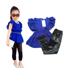 2015 new fashion summer children girls clothing sets blue shirt dress + black leggings cool baby kids 2pcs suits