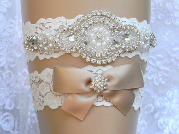 Bridal Garter Pearl and Rhinestone Garter and Toss Garter Set Light Ivory Lace Garter Set Lace Garters