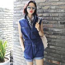Summer 2016 roll-up hem turn-down collar slim waist high waist strap tooling personalized denim sleeveless jumpsuit shorts