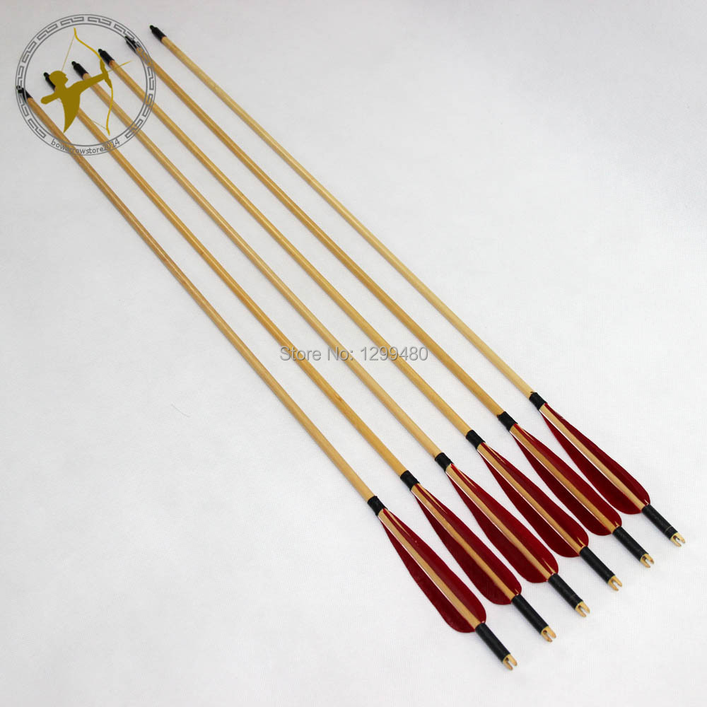 Free Shipping New 6 Pcs Archery Self Nock Point Head Red Real Turkey Feather Wood Shaft
