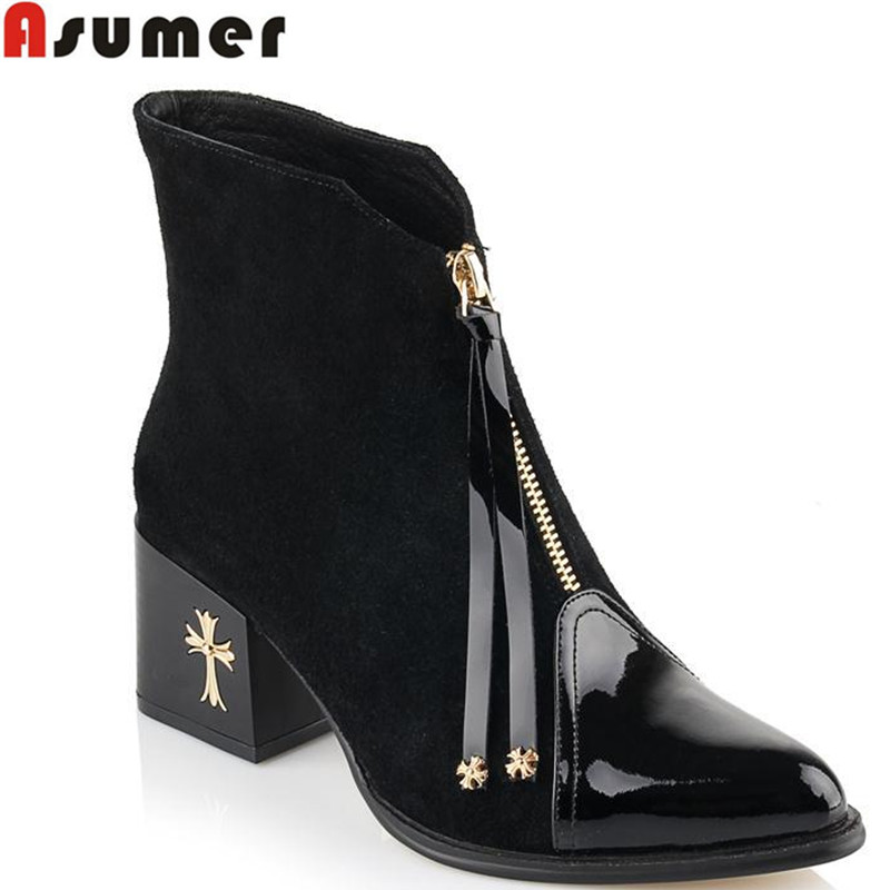 autumn winter high quality women's genuine leather boots pointed toe high heels patent leather thick heels ankle boots