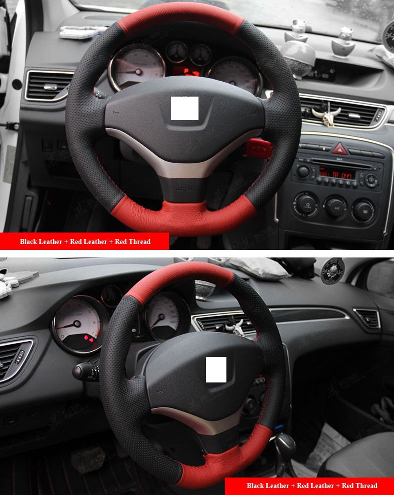 for Peugeot 308 Red Black Leather Steering Wheel Cover