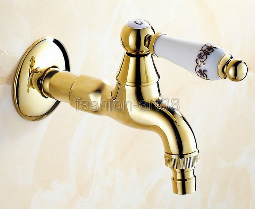 Gold Color Brass Ceramic Flower Pattern Handle Extra Long washer faucet wall mounted Laundry bathroom Mop Water Tap aav135