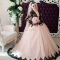 Oumeiya OW162 With Hijab Veils Muslim Bridal High Neck Long Sleeve Pink and Black Wedding Dresses