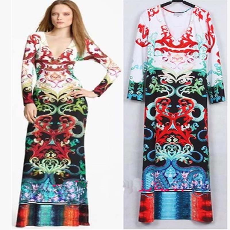 free shipping 2014 women's epucci Newest Charming Printed Stretch Jersey V-neck Long sleeve Max Dress