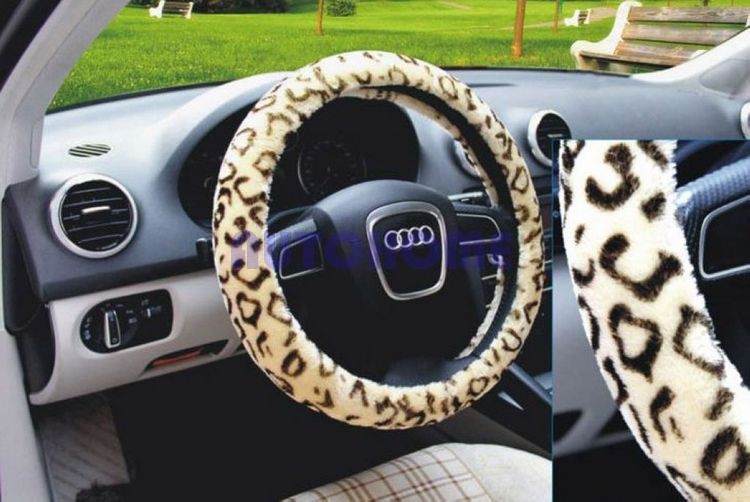 Soft Leopard Plush Auto Car Steering Wheels Cover Anti-slip 38CM 15 Beige (4)