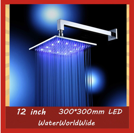Free Shipping!12 Inch Solid Brass LED light Bathroom Shower. No battery,self-powered shower led.flash shower head