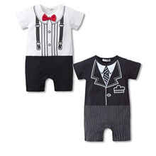 2016 White Baby Body suits Tuxedo Boys Rompers Gentleman Baby Clothes Short Sleeve Cotton rompers