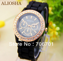 Aliosha 2015 nueva moda 14 colores Rhinestone ginebra del reloj del Gel de silicona Crystal bandas reloj de pulsera mujeres del diamante del oro relojes