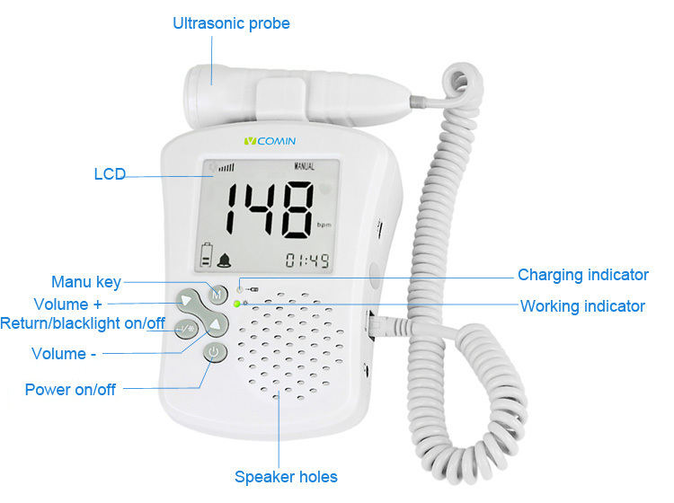 VCOMIN FD-300B Fetal Doppler Large LCD Screen Baby Heart Rate Detection Device