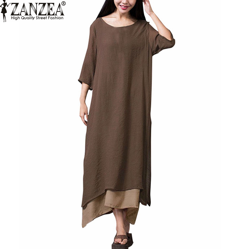 ZANZEA Fashion Cotton Linen Vintage Dress 2016 Summer Autumn Women Casual Loose Boho Long Maxi Dresses