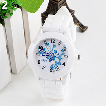 New hotNewest Women’s Geneva Flowers Printed White Silicone Band Analog Quartz Wrist Watch