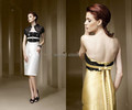 2016 New Arrival Sheath Strapless Taffeta Cocktail Dresses Lace Knee Length Party Dress Prom Dress Special