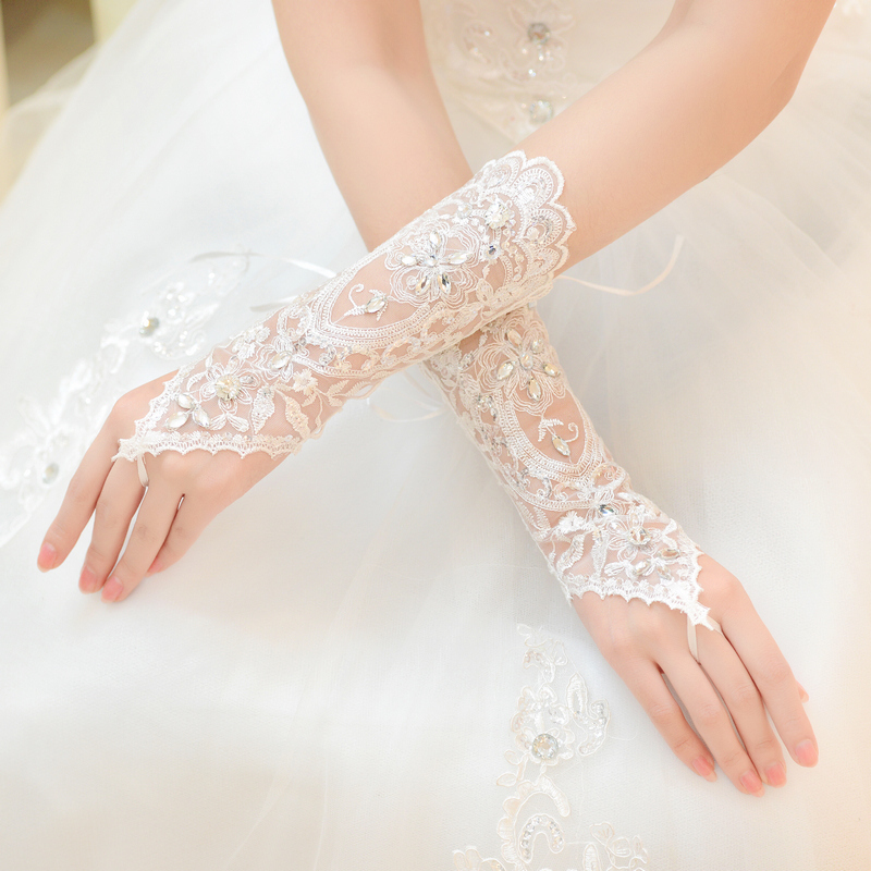2015 Cheap Free Size White Fingerless Rhinestone Lace Sequins Short Bridal Wedding Gloves With Shipping Wedding