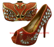 New arrival high quality italian shoes and bag set in orange,high heel women pumps for wedding/party, 1308-L11