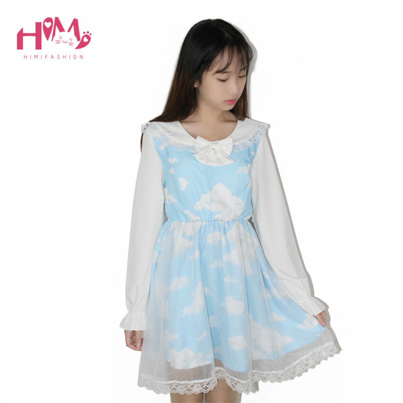Lolita Dress Casual Cloud Prints Sky Blue Sailor Collar Short Or Long Sleeves Organza Sailor Dress Harajuku Cosplay Veil Dresses (3)