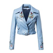 European Style Ebroidery washed Leather Jacket Female Slim motorcycle jacket Sky Blue women basic short coats 72701