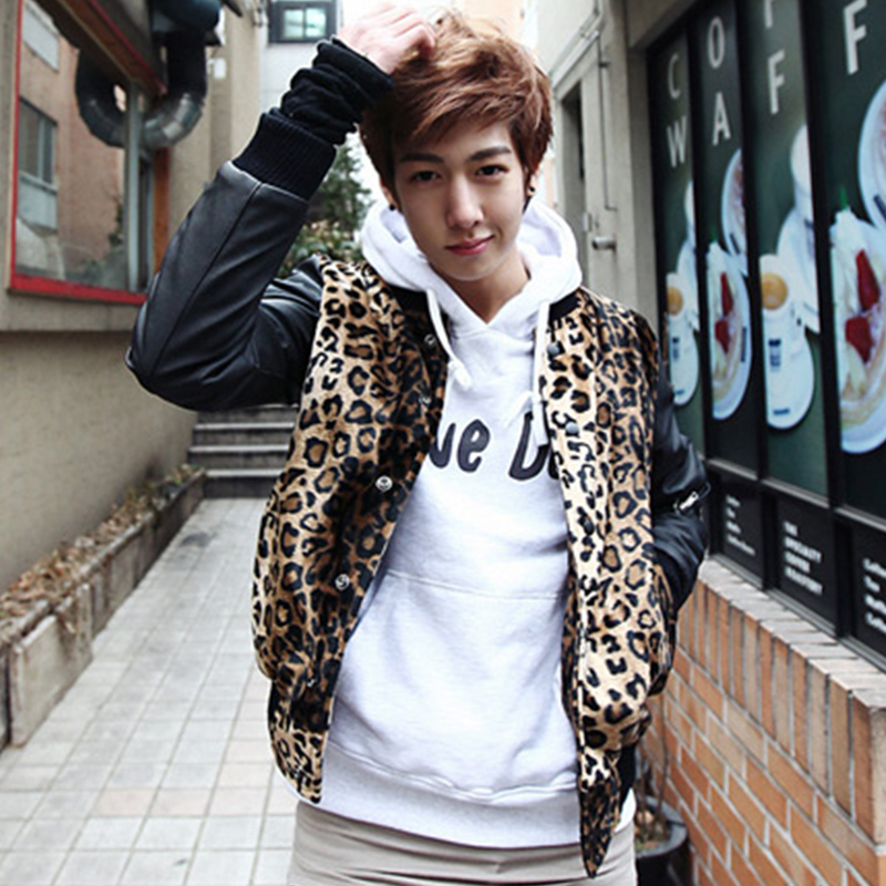 Y85f90 2015 autumn and winter fashion lovers baseball shirt men s leopard print fur patchwork vintage