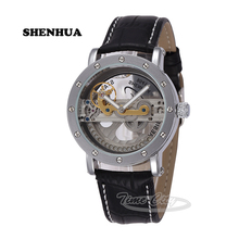 Correa de piel marrón negro Tourbillon Skeleton Hollow impermeable 2015 hombres de muñeca relojes automáticos auto viento del reloj mecánico