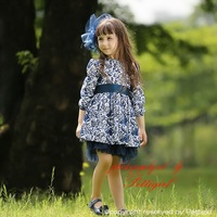 2015 Top Sale Girls Floral Ruffle Dress Navy Embellished Dresses For Kids Girl Autumn Wear