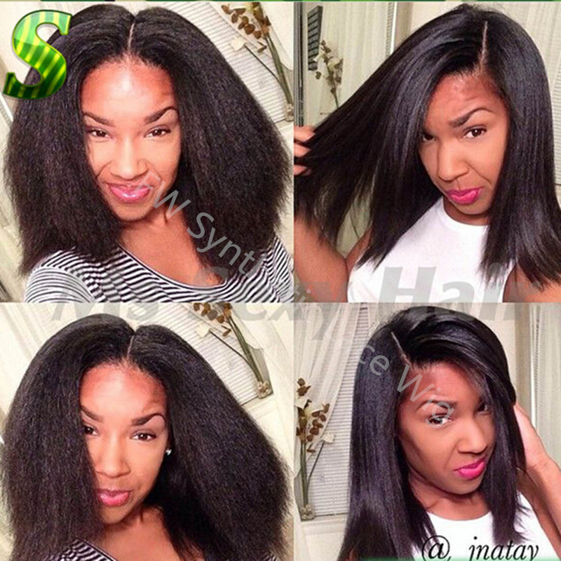 Short Yaki Kinky Straight Synthetic Lace Front Wig 12 30inch Natural Black 1b Heat Resistant 