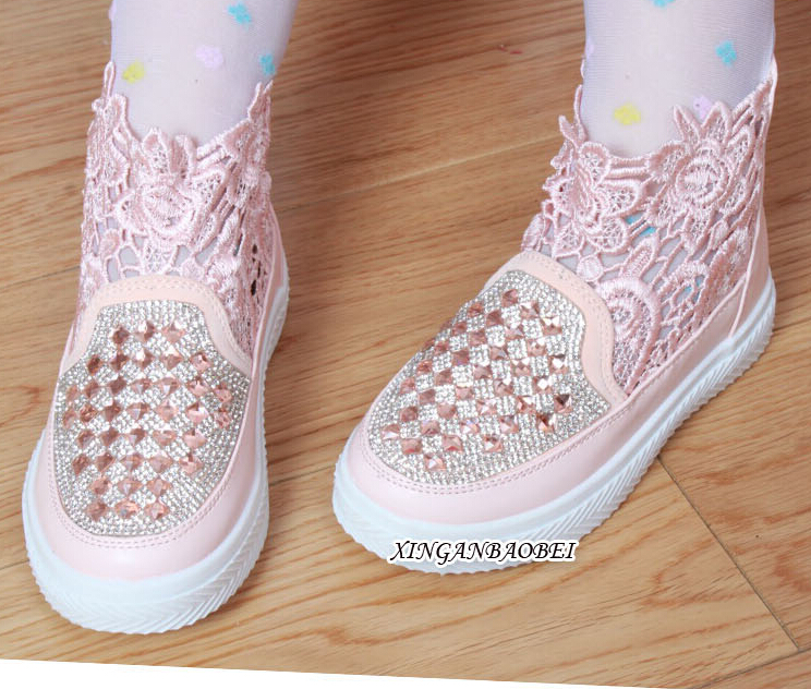 Brand New DIY Children High Shoes Sparkling Lace Pierced Rhinestone Girls Casual Shoes Spring Summer Fashion