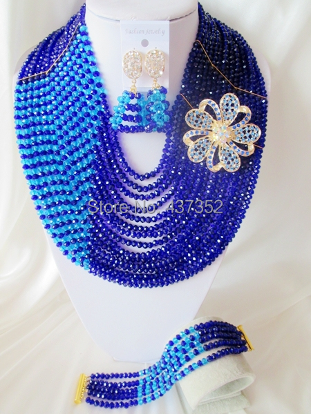 Royal Blue Crystal 15 layers Handmade African Beads Jewelry Set Nigerian Wedding Beads Bridal Jewelry Set Free Shipping CPS-3033