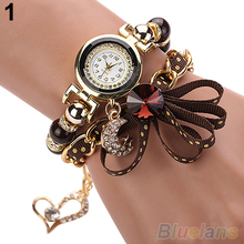 Mujeres de cinta de seda de flores Rhinestone perlas de imitación pulsera pulsera de cuarzo 4KMY