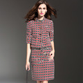 2016 Autumn Top Quality European Women Lady Elegant Half Sleeve Top Slim Skirt Runway Plaid Twin