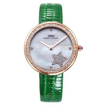 Ibso Star Print mujeres de cristal decorado ronda Dial analógico reloj de pulsera a prueba de agua banda de cuero 0650