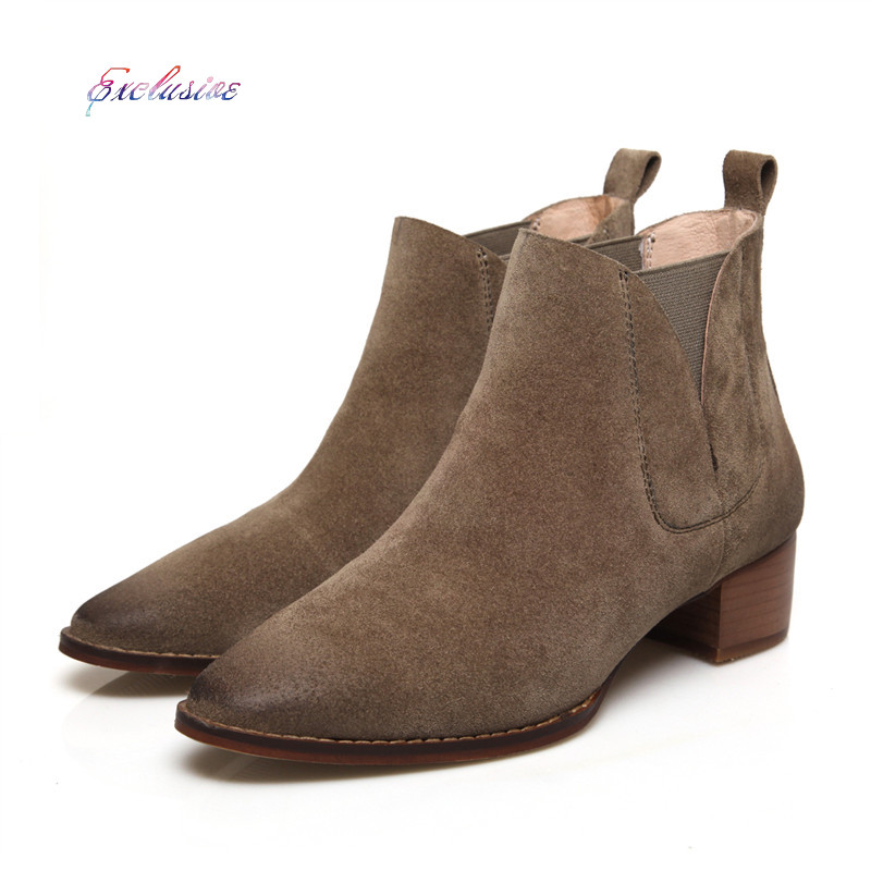 Woman Thick with Ankle Boots High Quality Full Grain Leather Pointed Shoe Autumn And Winter Nubuck Leather Thick with Ankle Boot