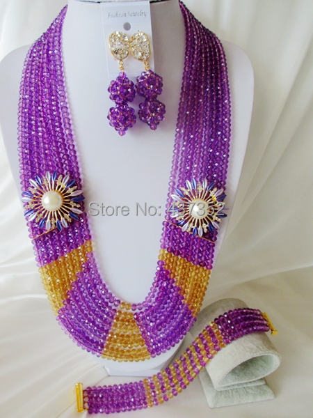 Luxury Long 26 inches Purple African Nigerian Wedding Beads Jewelry Set Bridal Jewelry Sets Free Shipping CPS-3165